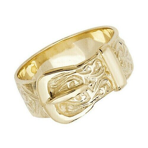 9ct yellow Gold Gents Engraved Buckle Ring Hallmarked