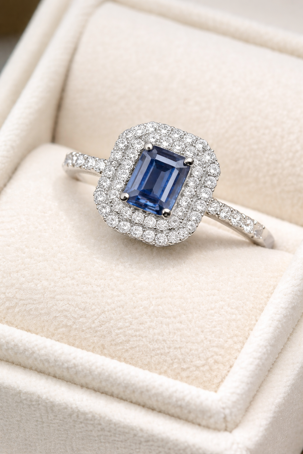 Emerald Cut Sapphire and Diamond Ring 0ct White Gold Halo Engagement Hallmarked