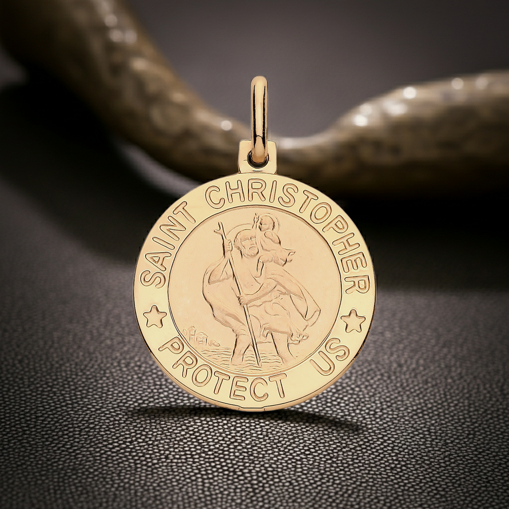 18ct Gold St Christopher Protect Us Pendant on Sterling Silver 925 Hallmark 18mm