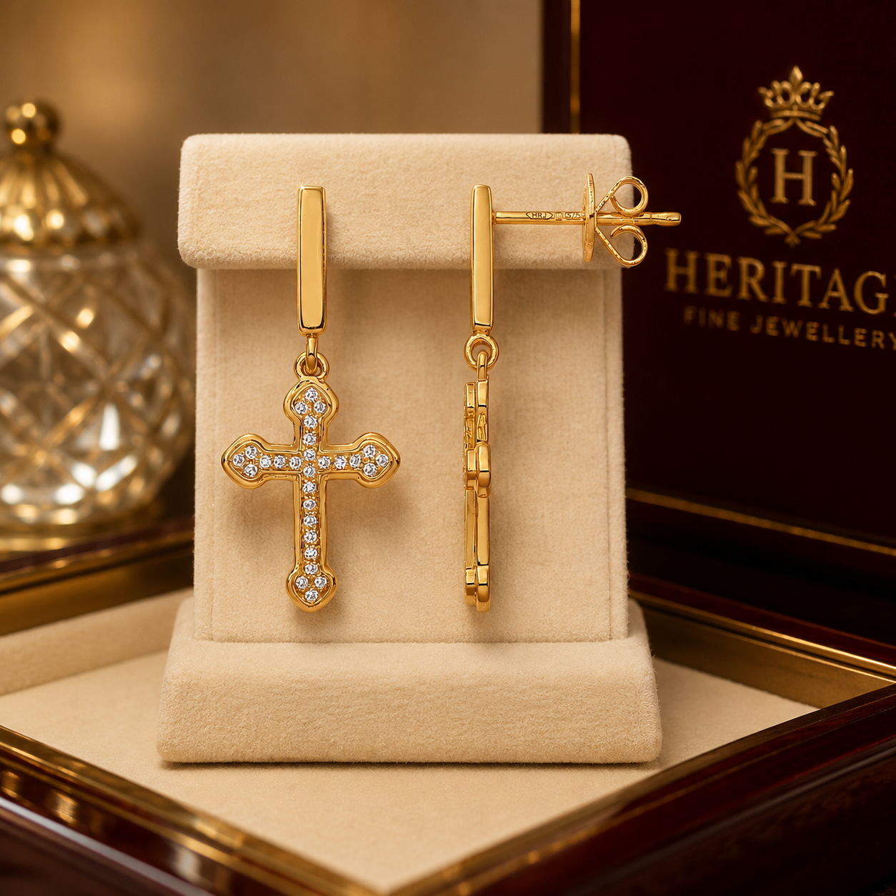 Yellow Gold Diamond Cross Drop Dangle Stud Earrings Religious Christian Gift