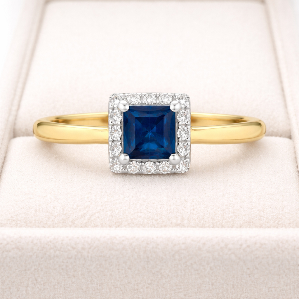 Sapphire and Diamond Square Cluster Ring 9ct Yellow Gold Size J - Q