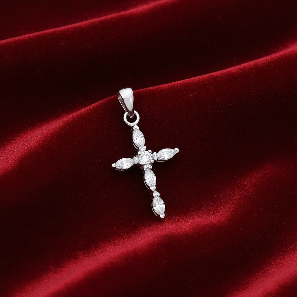 Sterling Silver Cross Pendant Marquise Gemstone 925 Hallmark 26mm Rhodium Finish