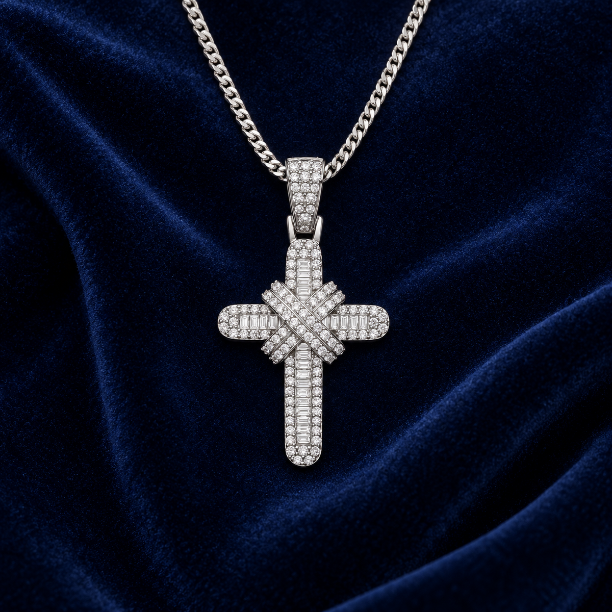 Real Diamond Cross Pendant 9ct White Gold 18" Chain 0.81ctw Baguette & Round