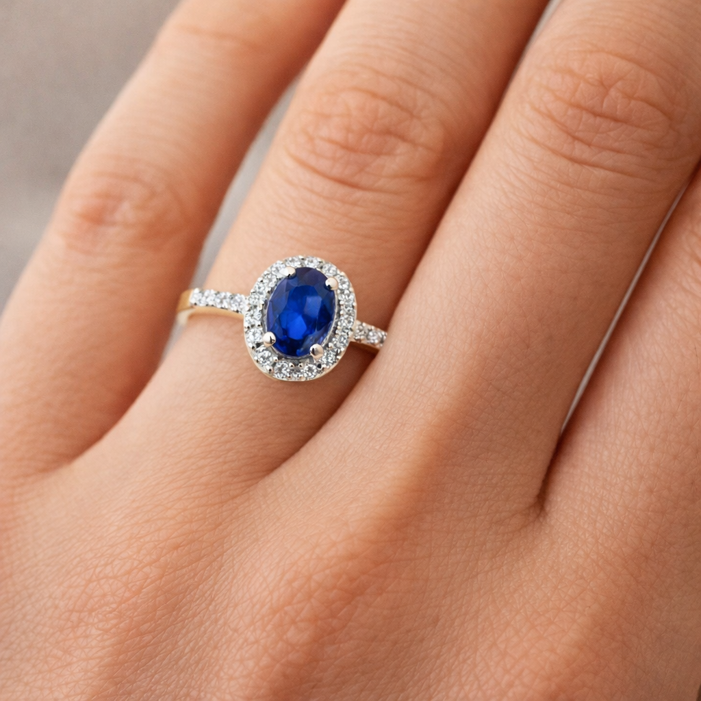 Sapphire and Diamond Oval Halo Ring 9ct Yellow Gold Engagement Hallmarked