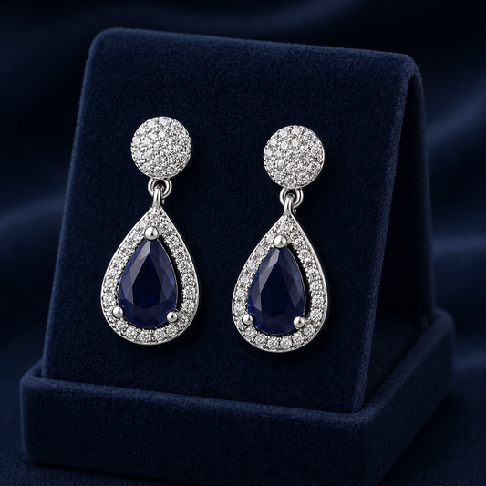 Natural Sapphire and Diamond Earrings Solid 18ct White Gold Teardrop Hallmarked