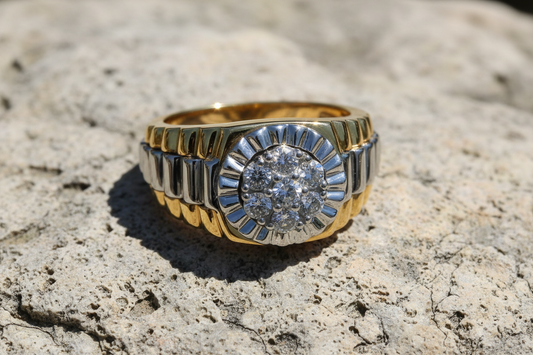 Gents Real Diamond Round Signet Ring 9ct Yellow and White Gold Watch Strap Pinky