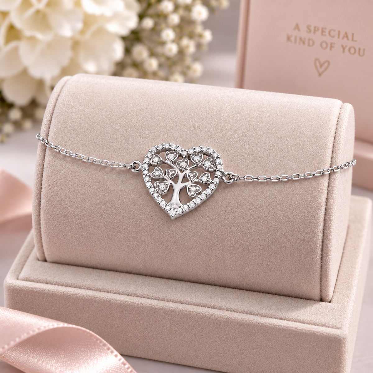 Sterling Silver Heart Tree of Life Bracelet Clear Gemstone Charm 925 Hallmark