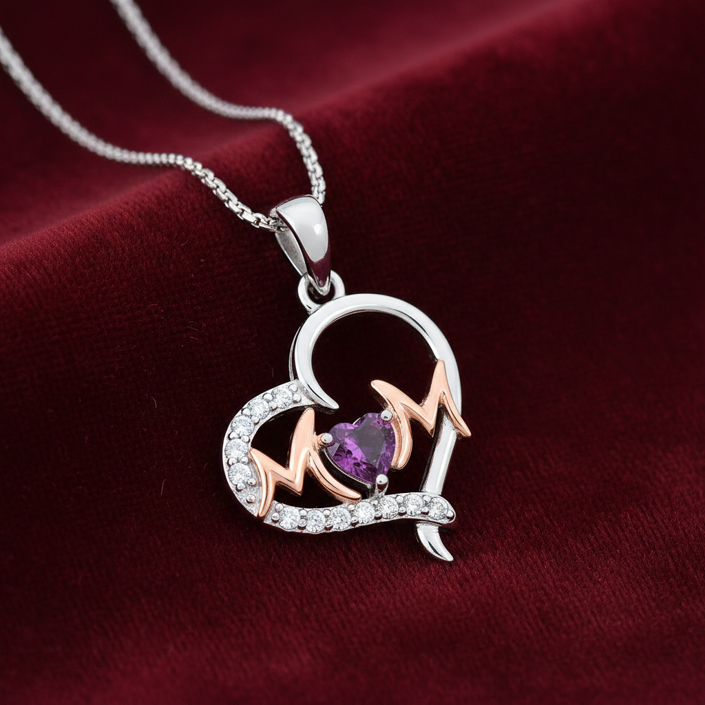 Amethyst Mum Heart Pendant Solid Sterling Silver 925 Hallmark Rose Gold Detail
