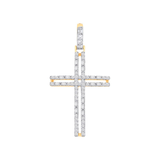 9ct Yellow Gold 0.42ct Diamond Cross Pendant Baguette and Brilliant Cut Diamonds