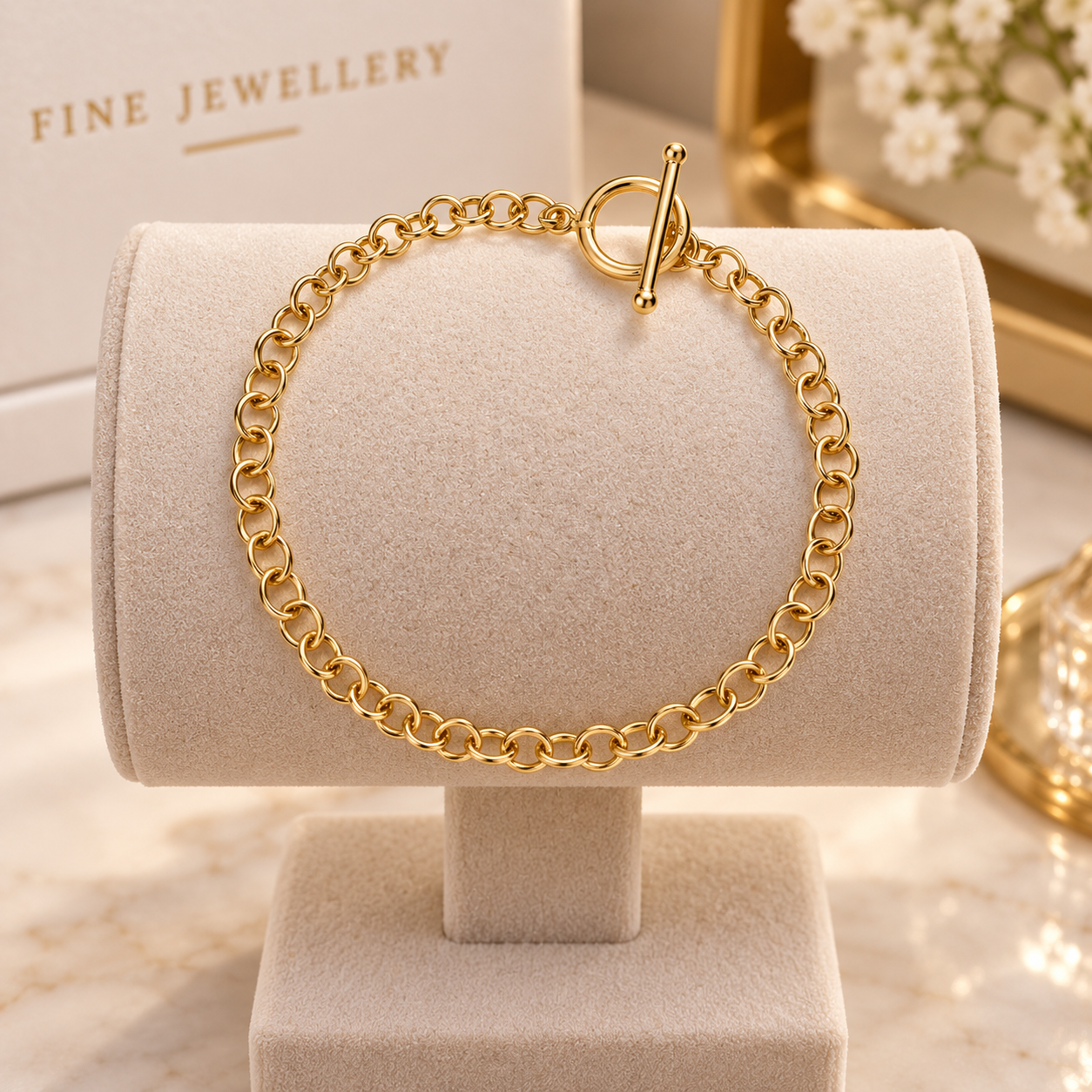 18ct Gold Rolo Link Chain Belcher Bracelet Toggle Clasp on Sterling Silver 925
