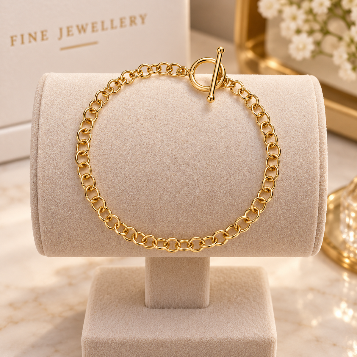 18ct Gold Rolo Link Chain Belcher Bracelet Toggle Clasp on Sterling Silver 925