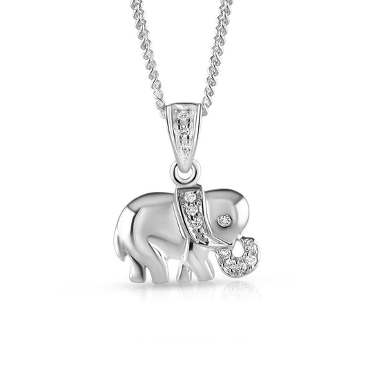 9ct White Gold 0.07ct Diamond Elephant Pendant Made in London 18" Chain
