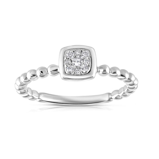 9ct White Gold 0.10ct Real Diamond Beaded Shank Square Top Ring