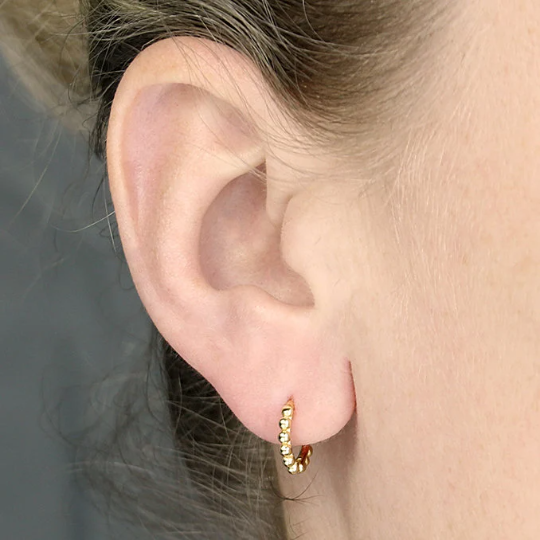 Beaded Hoop Earrings 13mm 18ct Gold on Solid .925 Sterling Silver Handmade
