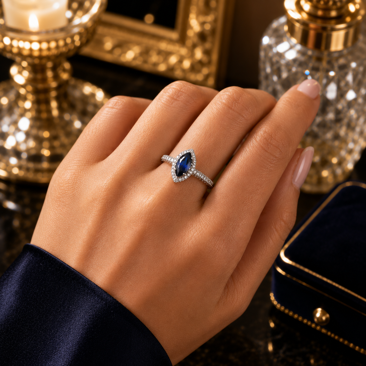Marquise Cut Blue Sapphire Halo Ring for Women Solid White Gold
