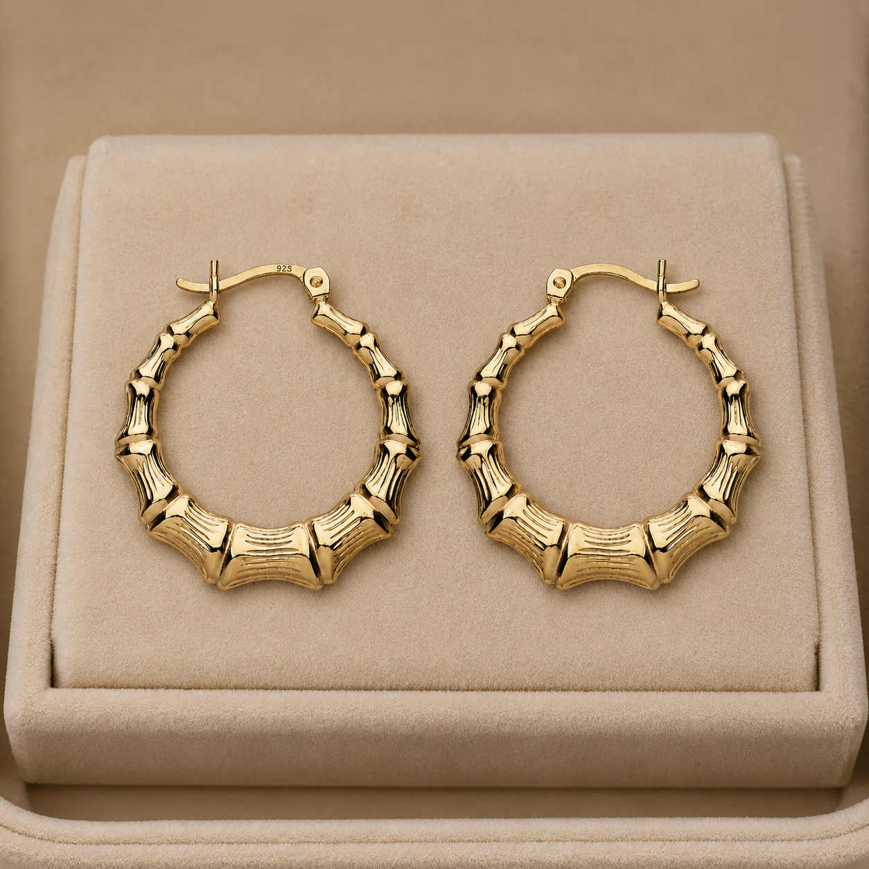18ct Gold Bamboo Creole Hoop Earrings on Sterling Silver 925 Hallmark 27mm