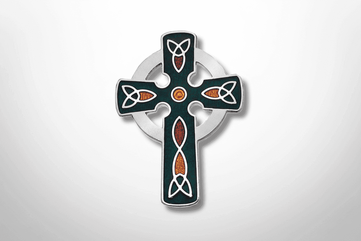 Green Celtic Cross Brooch Silver Plated Brand New Gift Packaging