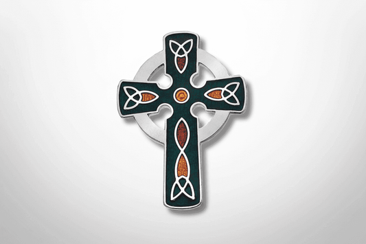 Green Celtic Cross Brooch Silver Plated Brand New Gift Packaging