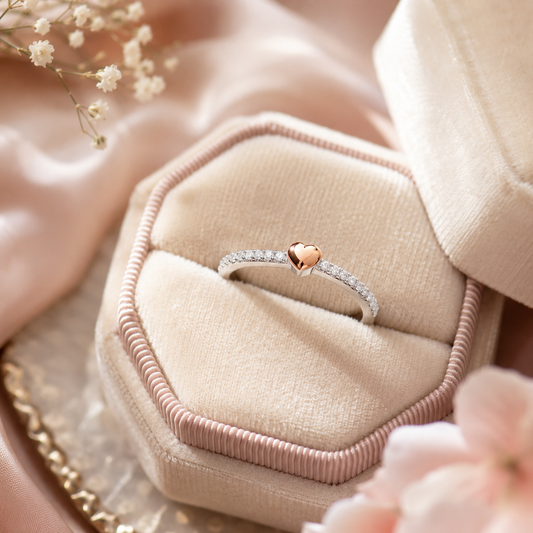 18ct Rose Gold Heart Ring on Solid Sterling Silver Stackable 925 Hallmark
