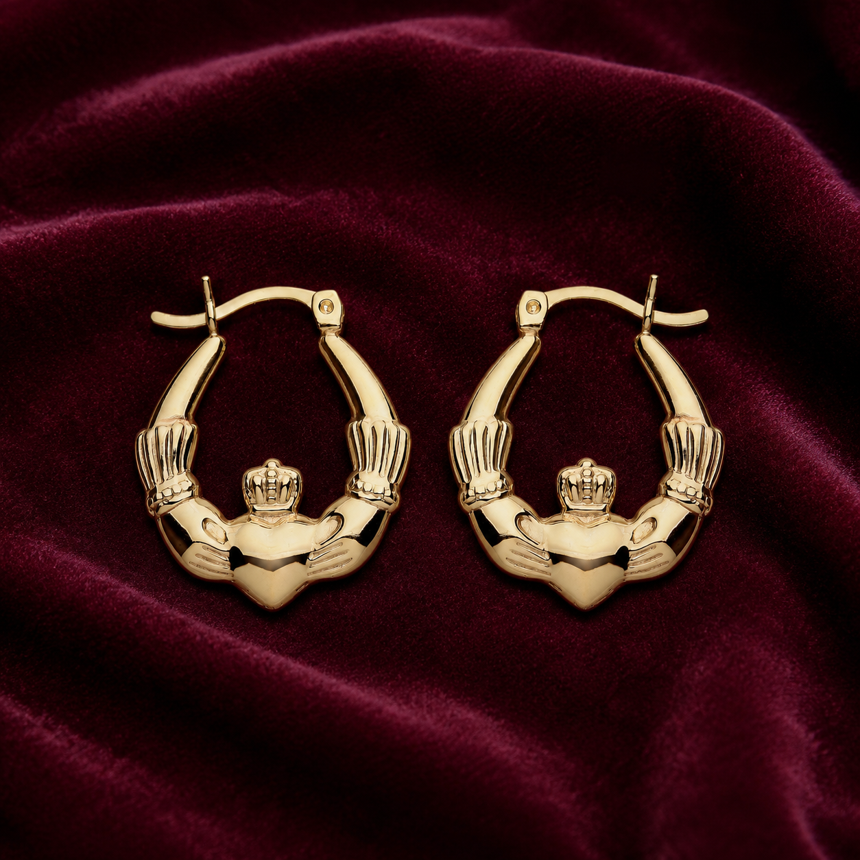 18ct Gold Claddagh Creole Hoop Earrings on Sterling Silver 23mm 925 Hallmark