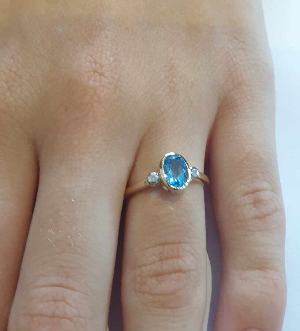 Blue Topaz and Diamond Ring 9ct Yellow Gold Oval Solitaire Real Stones Size J-Q