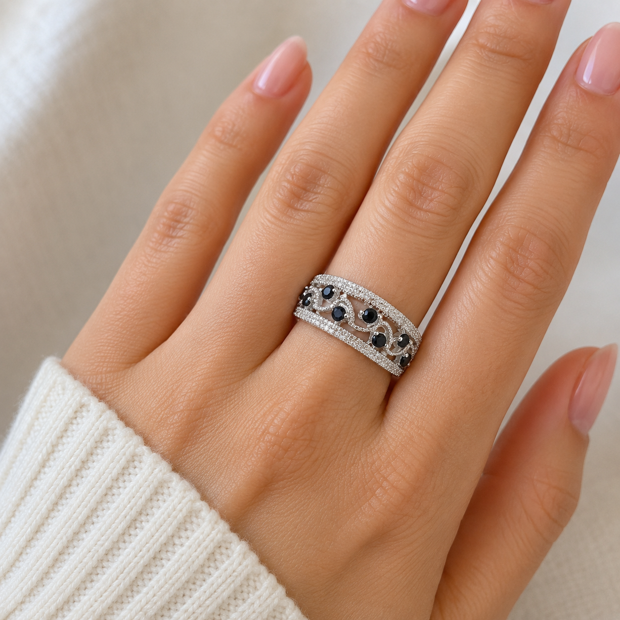 Blue Sapphire & Diamond Filigree Band Ring for Women Solid White Gold Hallmarked