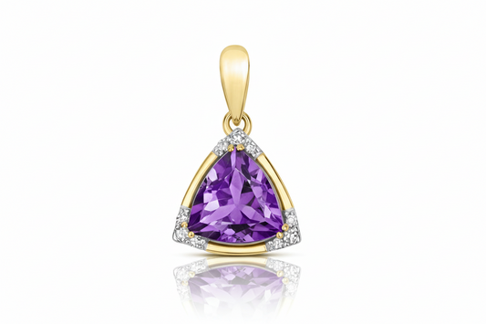 Amethyst and Diamond Trillion Pendant 9ct Yellow Gold Necklace Real Stones
