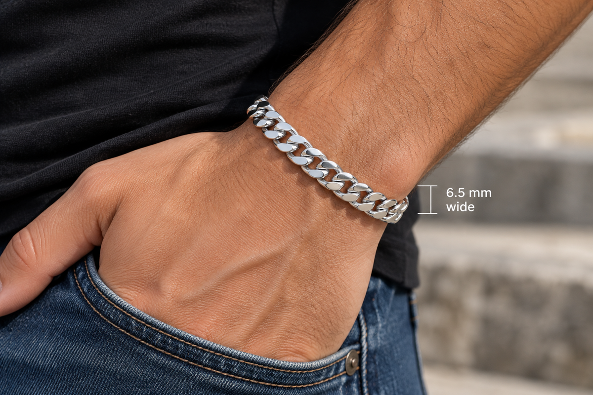 Men's Cuban Chain Bracelet Solid Silver 6.5mm Wide British Made Hallmarked 8"
