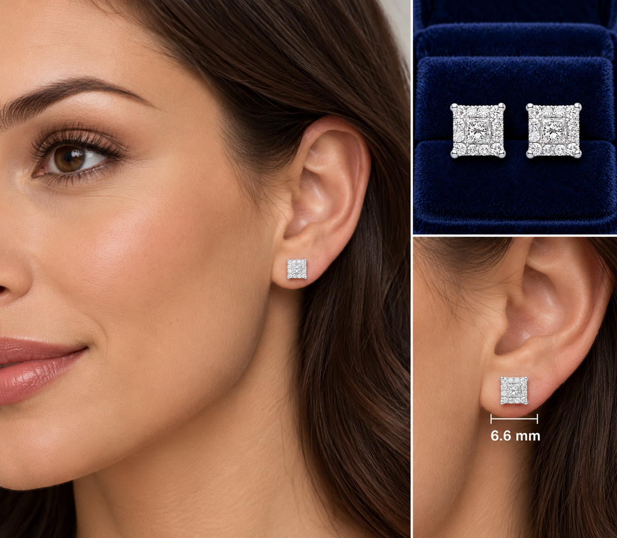 Real Diamond Square Earrings 18ct White Gold 6.6mm 0.50ct Natural Mined Diamonds