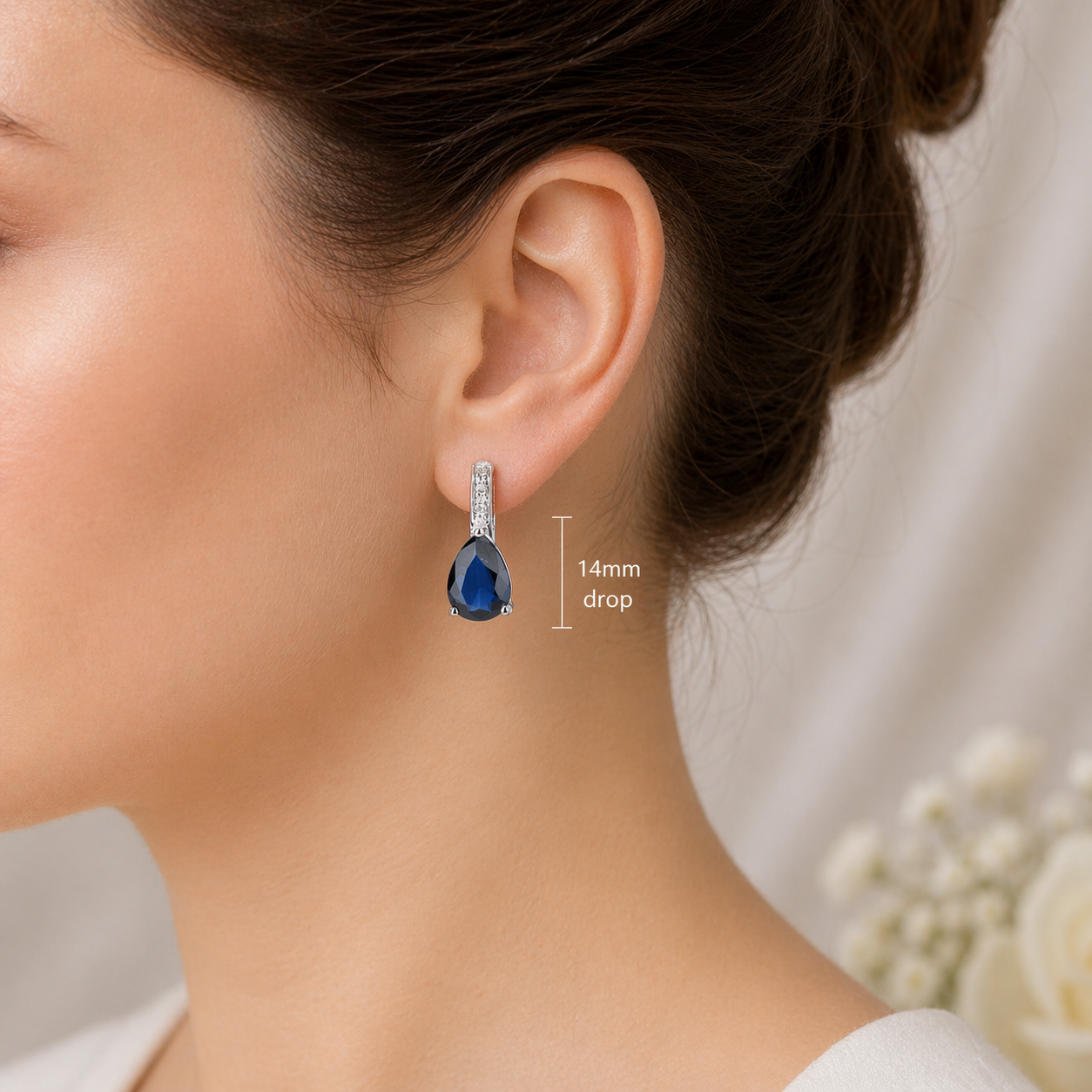 Natural Sapphire and Diamond Earrings Solid 9ct White Gold Pear Stud Hallmarked