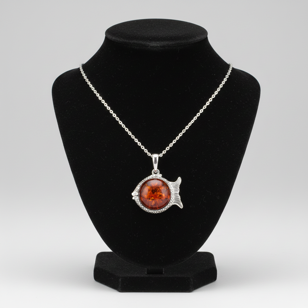 Natural Amber Fish Pendant Solid Sterling Silver 925 Hallmark 18" Chain