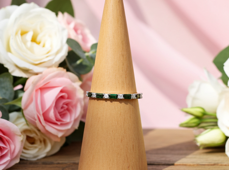 18ct Gold Emerald Baguette Eternity Ring on Solid Sterling Silver 925 Hallmark