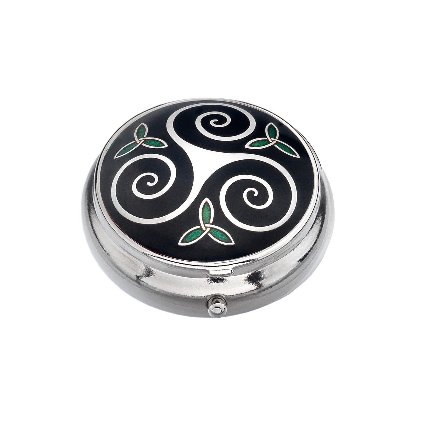Pillbox Silver Plated Triskele and Trinity Celtic Black Brand New and Boxed