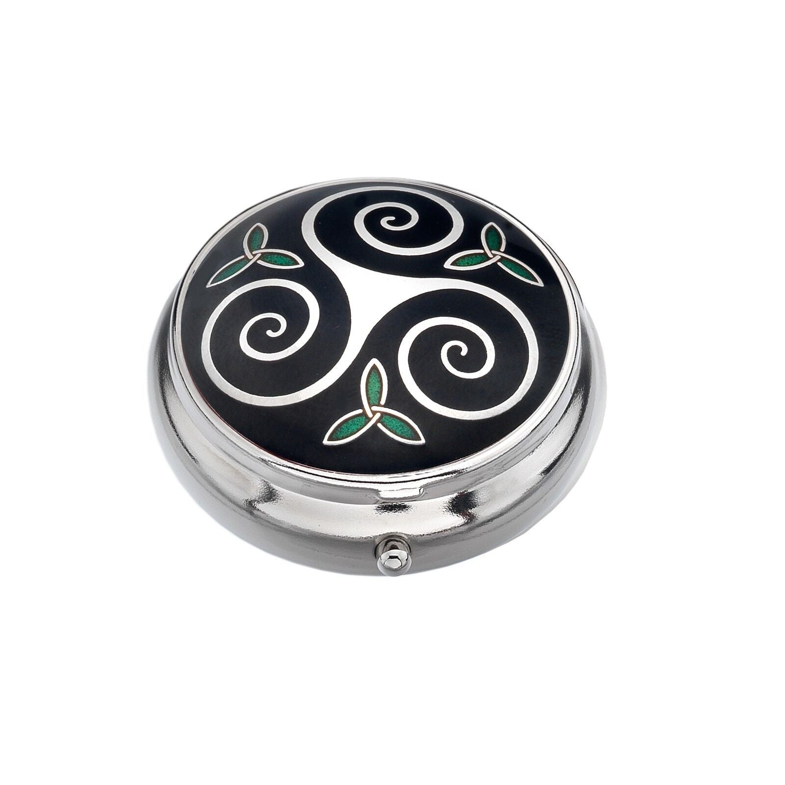 Pillbox Silver Plated Triskele and Trinity Celtic Black Brand New and Boxed