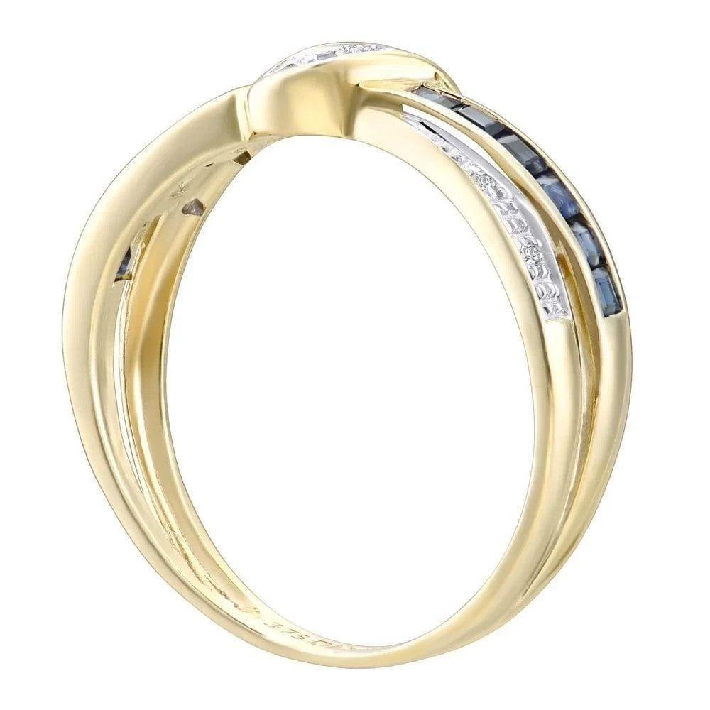 Princess Cut Blue Sapphire & Diamond Infinity Twist Ring Eternity 9K Yellow Gold