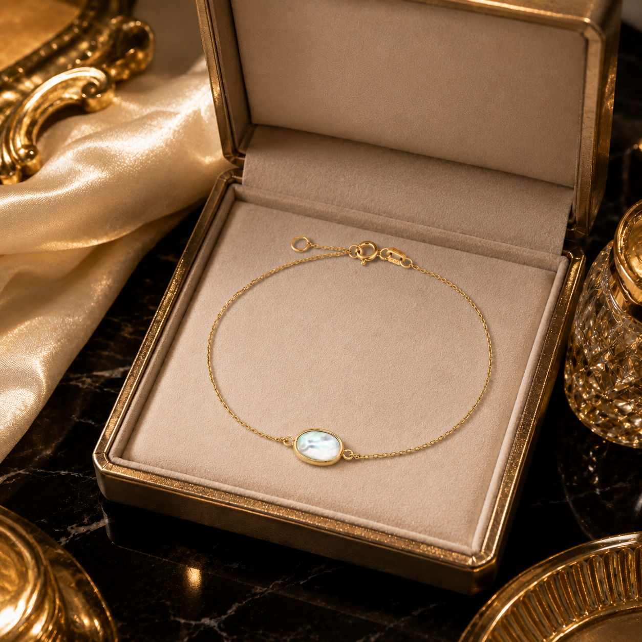 Oval Mother of Pearl Chain Bracelet Yellow Gold 375 Hallmark 17.5-19cm