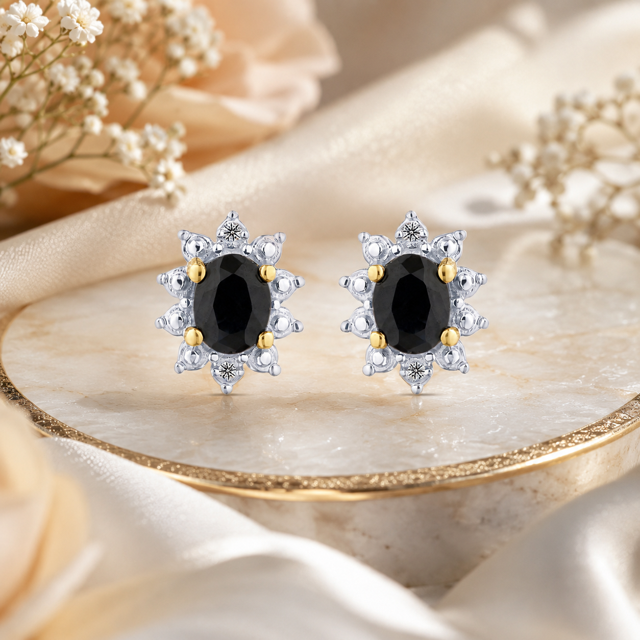 Natural Sapphire & Diamond Halo Stud Earrings 9ct Yellow Gold 375