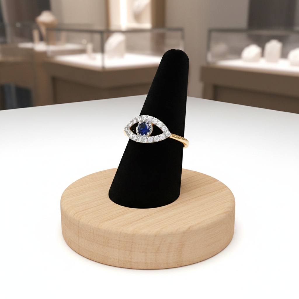 18ct Gold Sapphire Evil Eye Ring on Solid Sterling Silver 925 Hallmark Size K-S