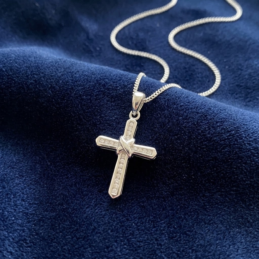 Diamond Ribbon Knot Cross Pendant White Gold 18" Chain