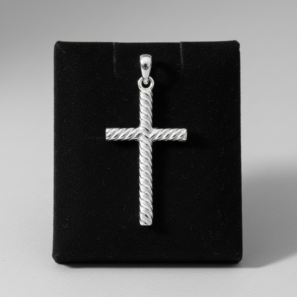 Sterling Silver Rope Cross Pendant 925 Hallmark 26mm Rhodium Finish