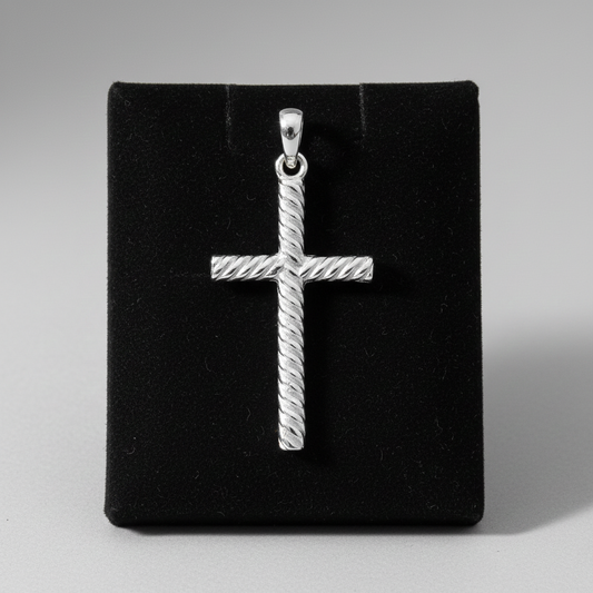 Sterling Silver Rope Cross Pendant 925 Hallmark 26mm Rhodium Finish