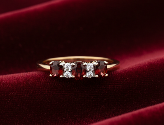 Ruby Three Stone Trilogy Ring 18ct Gold on Solid Sterling Silver Size K-S