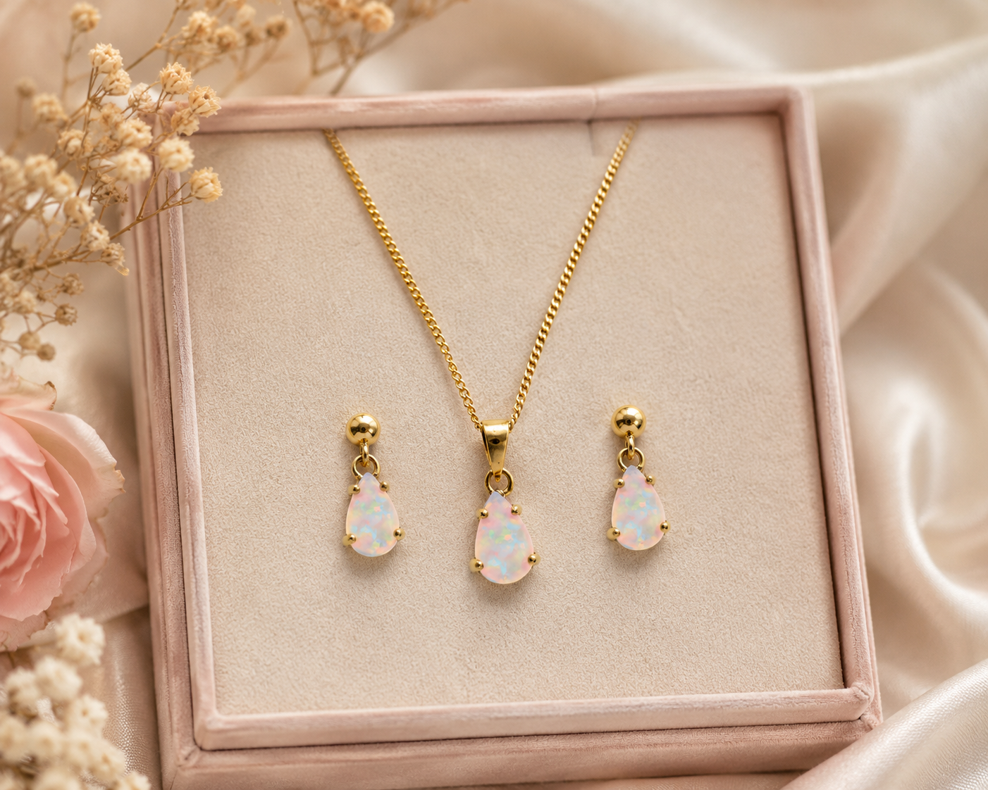 Elegant Opal Teardrop Jewellery Set in Yellow Gold – Pendant & Matching Earrings