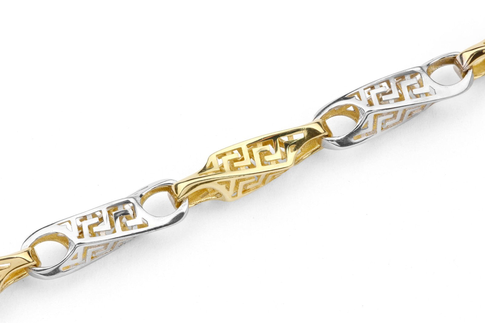 Two-Tone Greek Key Link Bracelet – Yellow and White Gold 375 Hallmark 19cm