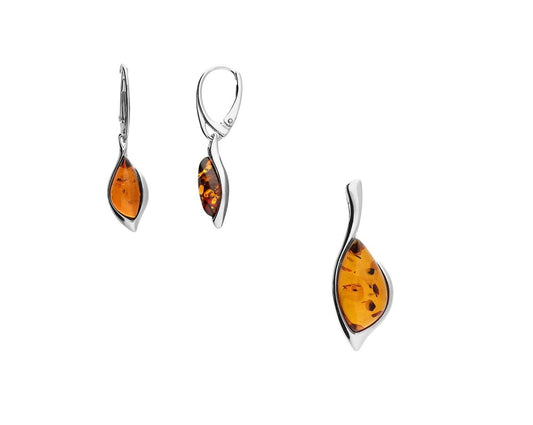 Cognac Amber Abstract Ellipse Pendant and Earrings Set Solid Sterling Silver 925