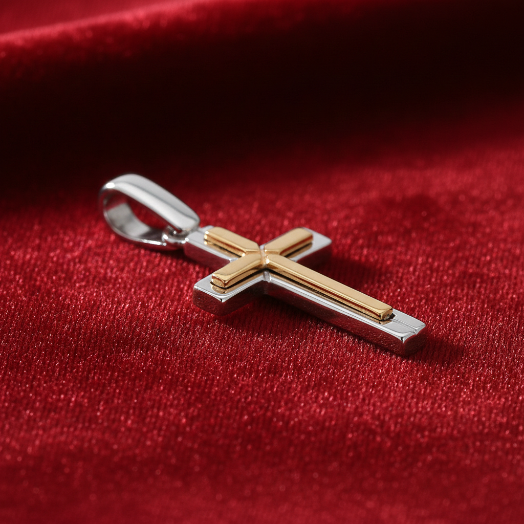 18ct Gold Cross Pendant on Solid Sterling Silver 925 Hallmark 18" Chain