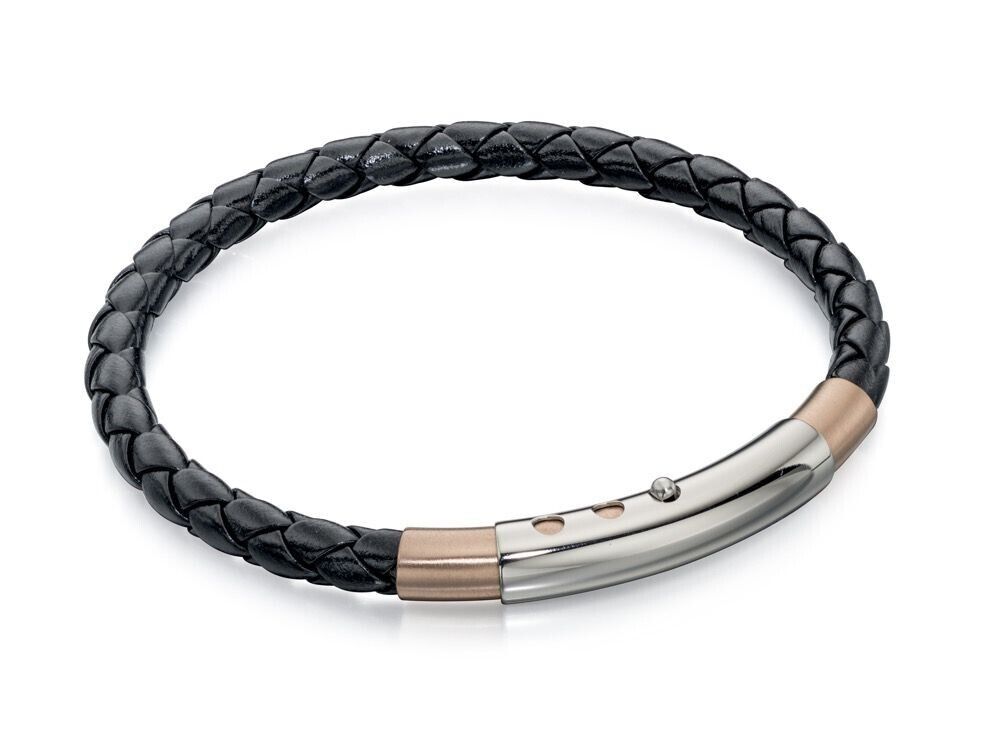 Fred Bennett Black Leather Bracelet with IP Detail 22cm B4687