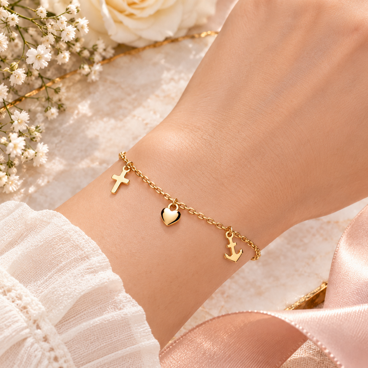 18ct Gold Charm Bracelet with Heart, Cross & Anchor on Solid Silver 925 Hallmark
