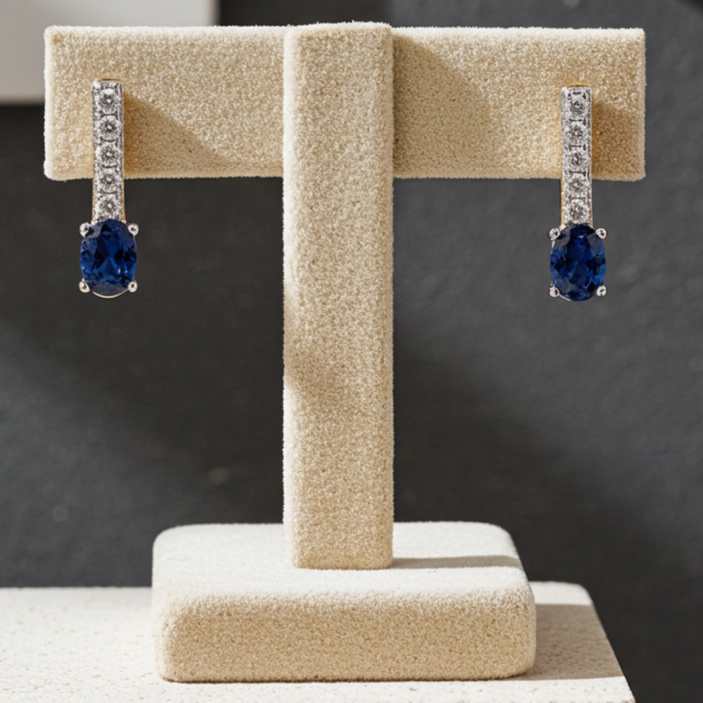 18ct Gold Sapphire Drop Stud Earrings on Solid Sterling Silver 925 Hallmark