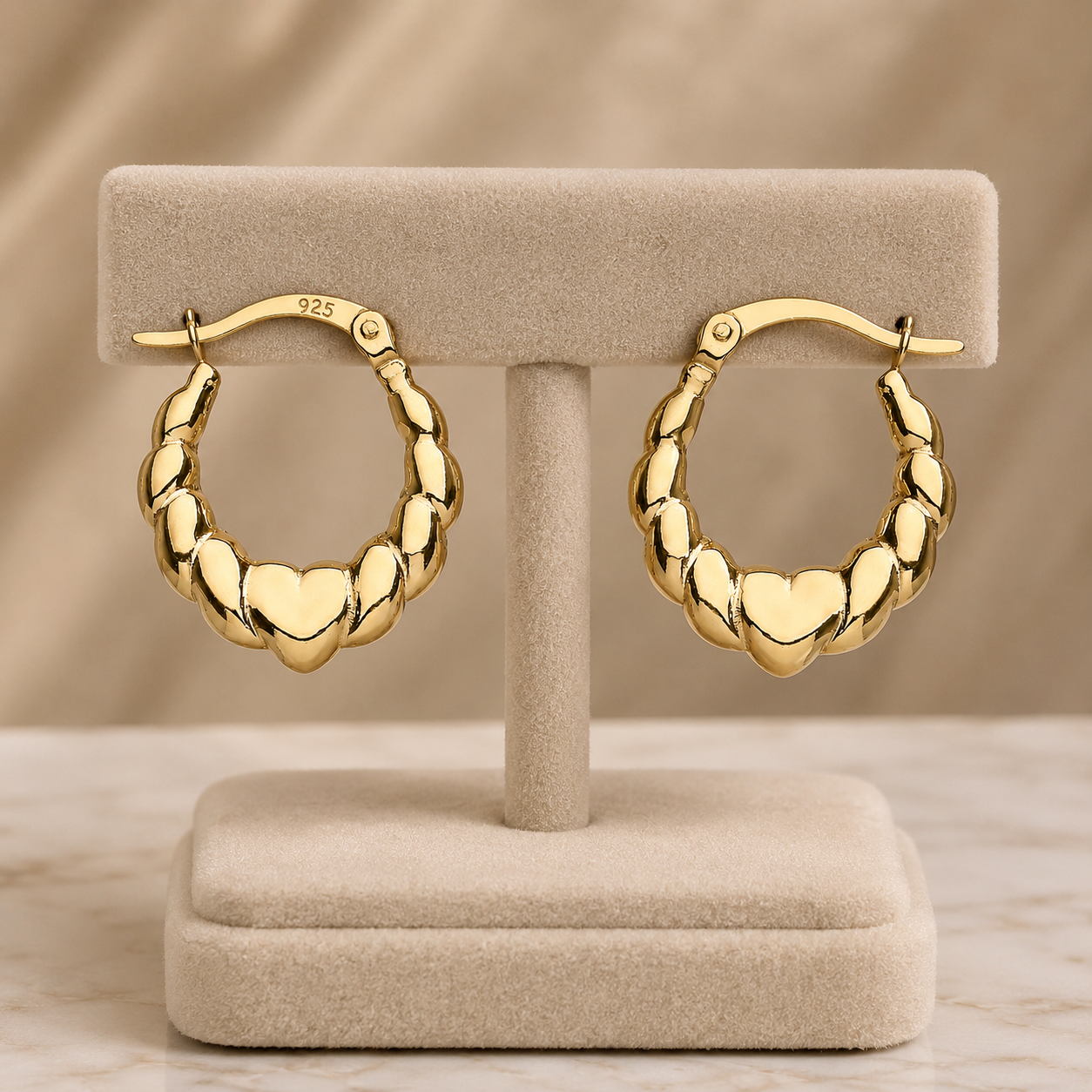 Heart Creole Hoop Earrings 18ct Gold on Sterling Silver 925 Hallmark